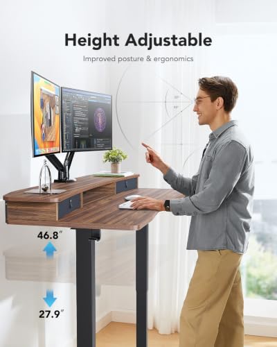 HUANUO 55" x 26" Electric Standing Desk with 2 Drawers, C-Clamp Mount Compatible, Height Adjustable Computer Desk, Home Office Stand Up Desk with 4 Preset Heights & 2 Hooks, Walnut - color: Walnut, size: 55" X 26"