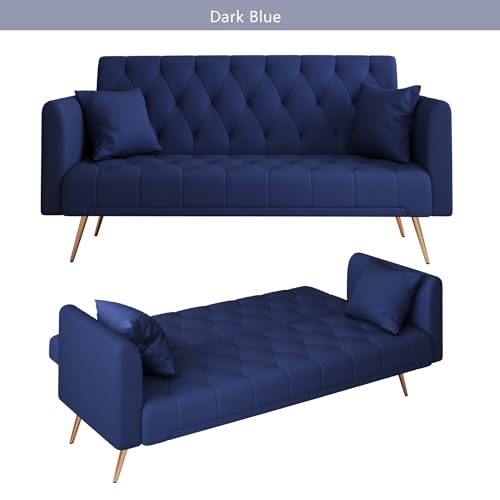 Anwick 72''Modern Velvet Sofa Bed Futon,Convertible Folding Sleeper Couches with 3 Adjustable Backrests,Tufted Recliner Loveseat with Golden Chrome Legs for Living Room Apartment Office (Blue) - color: Blue