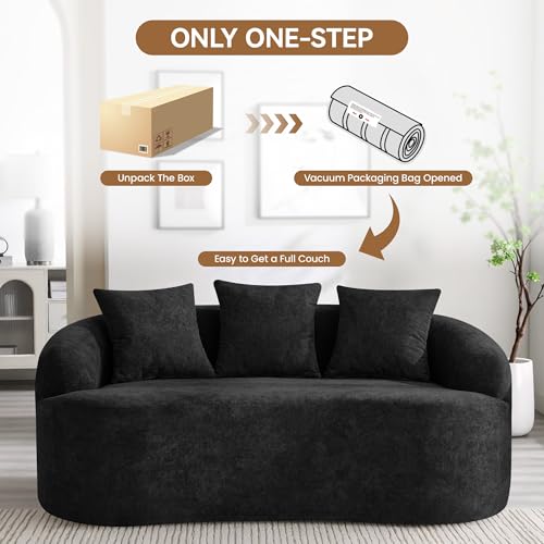 65" Boneless Loveseat Sofa, Curved Chenille Couches for Living Room, Black | Love Seat Cloud Couch, 16.5" Thickened Cushion, 25.2" Deep Seat, Comfy Back Pillow, No Assembly - color: Black, size: Loveseat Sofa