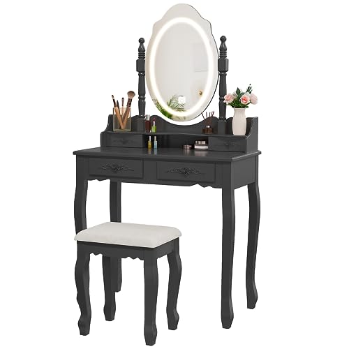 Vanity Desk with Mirror and Lights, Makeup Table with Cushioned Stool Set | Modern Vanity with 4 Drawers, 3 Color Lighting Modes with Adjustable Brightness, Dressing Table Set for Bedroom, Black Vanity - style: Black Vanity