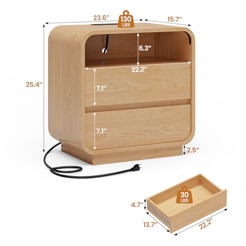 HAUOMS 23.6" Wide Wood Bedside Table, Curved Profile Design, Natural Oak | Charging Station, 2 Storage Drawers, 25" Tall Nightstand, Large Mid Century End Table, Bedroom/Living Room, Easy Assembly - color: Natural Oak