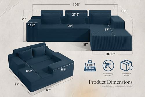 Sectional Couches for Living Room,No Assembly L Shaped Couch 105" Modular Sectional Sofa Couch with Deep Seat,Cloud Couches Furniture Sets for Apartment,Corduroy (Blue, Right Facing) - color: Corduroy Blue, size: 105"Right Facing