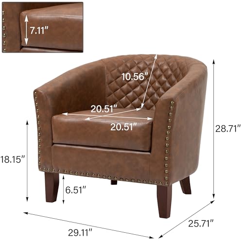Faux Leather Accent Chair, Modern Barrel Club Chair, Brown | Comfy Upholstered Armchair for Living Room, Round Club Chair Single Sofa Bedroom Reading Seat | 26"D*29"W*29"H - color: Brown