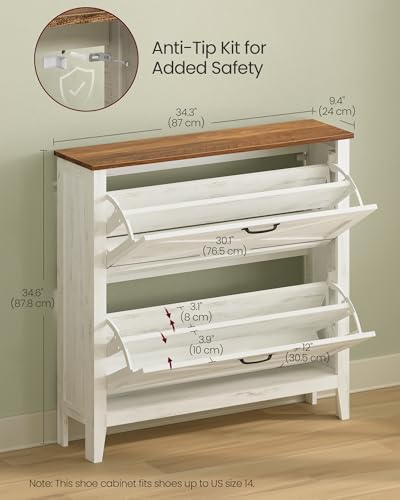 VASAGLE Farmhouse Shoe Cabinet, Narrow Storage Organizer, 2 Flip Drawers | Shoe Storage Organizer, Fits 16 Pairs, 34.3 x 9.5 x 34.6 in, Rustic White and Honey Brown, LIRY Collection UHSC201W01 - color: Rustic White, size: 9.4"D x 34.3"W x 34.6"H, style: 2