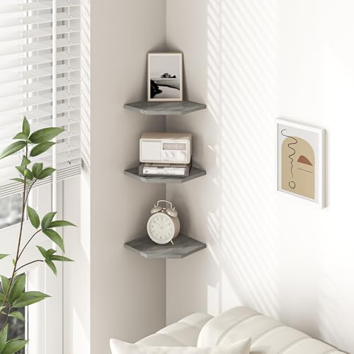Fun Memories Corner Shelf Wall Mount, Floating Corner Shelves, Set of 3 Corner Wall Shelf Organizer, Rustic Wood Wall Storage Display Shelves for Living Room Bedroom Bathroom Kitchen, Rustic Grey - color: Grey, size: 7" x 7", Set of 3