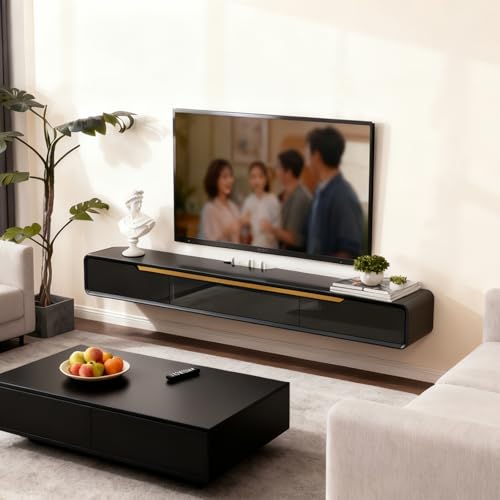 Solid Wood Floating TV Stand Wall Mounted, Black, 55" Wall Mounted Entertainment Center Console, Hanging tv Media Shelf for Living Room, Bedroom (DSGBLACK-A, 55IN) - color: Dsgblack-a, size: 55IN
