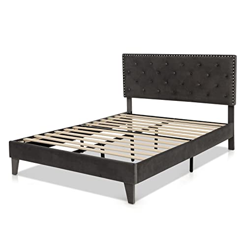 Upholstered Full Bed Frame, Low Velvet Mattress Foundation w/Wooden Slats, Button Tufted & Nailhead Trim Headboard, No Box Spring Needed, Easy Assembly, Double Platform Bed Frame Full Size - size: Full