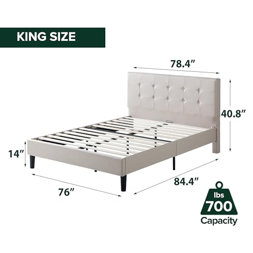 Zinus Ibidun Upholstered Platform Bed Frame, Mattress Foundation, Wood Slat Support, No Box Spring Needed, Eco Friendly WonderBox (TM), Easy Assembly, Soft Beige, King - color: Beige, size: King, style: Button Tufted (New Small Box)