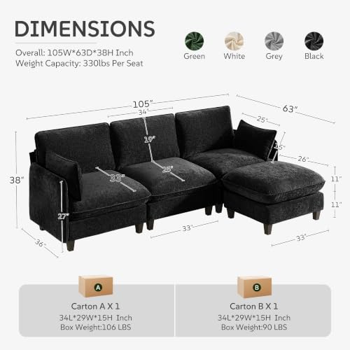 Ihanherry 105" Modular Sectional Sofa, L-Shaped Cloud Couch with Oversized Large Cushions & Movable Ottoman, Chenille Deep Seat Couch for Living Room, Black - color: Black, size: 105“ 4 Seat L Sofa