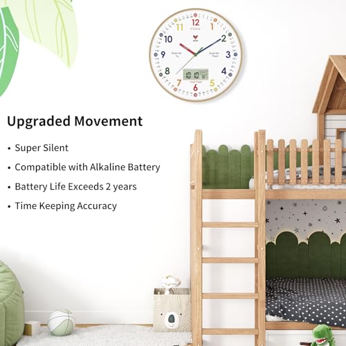 Foxtop Digital and Analog Learning Clock for Kids - Telling Time Teaching Clock 12 Inch Silent Non-Ticking Battery Operated Kids Wall Clock for Playroom Nursery Classroom School - color: Wood Color, size: 12 Inch