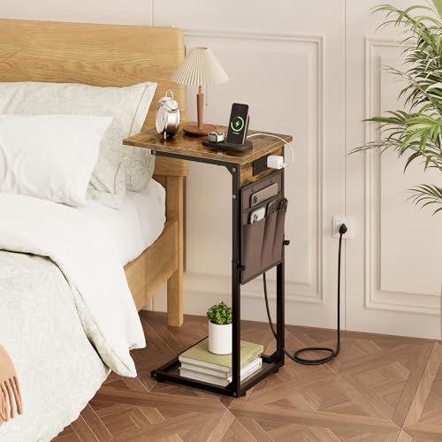 C-Shaped End Tables Set of 2 with Charging Station, 33'' Tall C Table Adjustable Height Side Table, Sofa Table for Couch, Couch Table that Slide Under Sofa, TV Trays for Living Room, Brown - color: 2pc Rustic Brown, style: With Plug