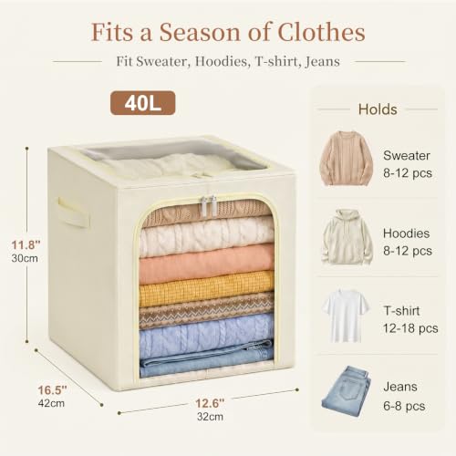 GoMaihe Clothes Storage Bins with Metal Frame for Closet, 40L 6-Pack Beige | Sweaters Hoodies Jeans T-Shirt, Closet Top Shelf Organizer, Collapse-Proof, Stackable, Clear Window, Dual Access Space Saving - color: Beige, size: 40L
