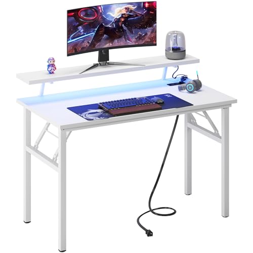 DlandHome 39" Computer Desk with Power Outlets & LED Lights, White, Bedroom | Folding Desk with Monitor Stand, Writing Study Table Gaming Desk, Metal Frame, Fully Assembled, Home Office Small Spaces - color: White + White, size: 39 Inches + Outlets