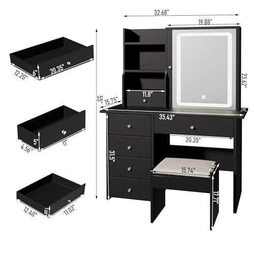 Vanity Desk with Mirror and LED Lights, Makeup Vanity Set with Power Outlet, and Stool,Jewelry Storage,Black Vanity Desk for Bedroom - style: Black