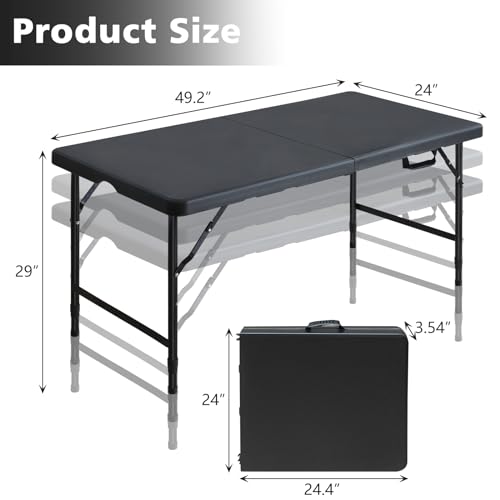 Portable 4Ft Folding Table, Heavy Duty Plastic Fold-in-Half Utility Foldable Table Small, Adjustable Height Plastic Folding Table with Carrying Handle for Camping & Party Indoor/Outdoor(Black) - color: Black, size: 4Ft
