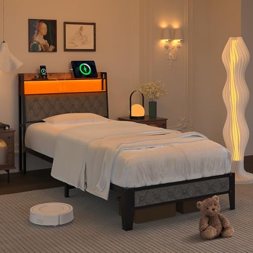 Winkalon Twin Metal Bed Frame with RGB Lights, Charging Station, Upholstered Headboard, Storage Shelves & Under Bed Space, Powder Coated, 250 lbs Capacity - size: Twin