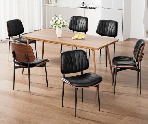 Dining Chairs Set of 2, Mid-Century Modern Upholstered PU Leather Chairs | with Walnut Bentwood Back and Metal Legs Adjustable Feet for Kitchen, Black Shell Strips - color: Black Shell Strips