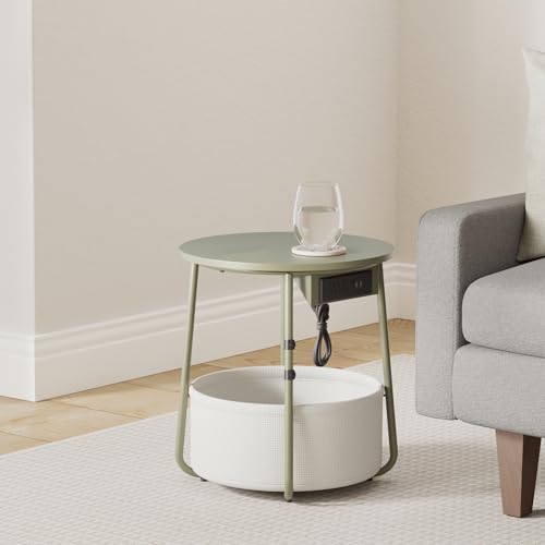 VASAGLE LILEA Collection - Side Table with Charging Station, Round End Table with Fabric Basket, Nightstand with USB Ports, for Living Room, Bedroom, Modern, Forest Green and Cream White ULET228C04 - color: Forest Green + Cream White