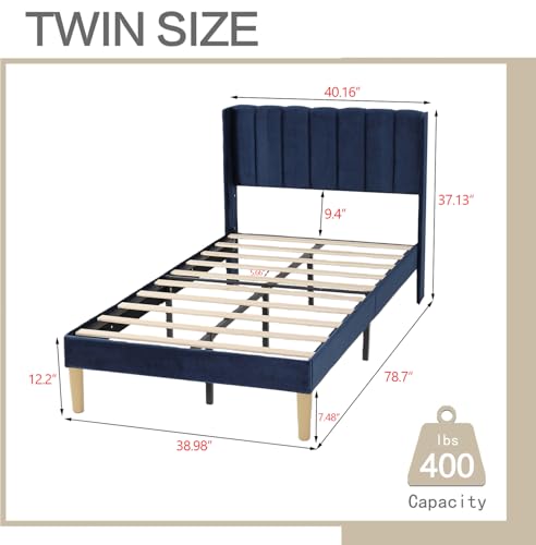AGARTT Upholstered Platform Bed Frame Twin Size, Blue Velvet | Headboard and Footboard/Wooden Slats Support/No Box Spring Needed/Easy Assembly - color: Blue Velvet, size: Twin