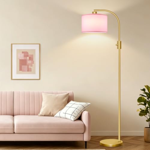 Nintiue Dimmable Floor Lamp, 1200 Lumens LED Edison Bulb Included, Arc Gold Floor Lamps for Living Room Modern Standing Lamp with Pink Linen Shade - color: Gold-Pink Shade
