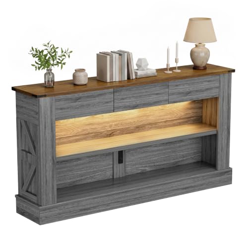 Miereirl 63" Console Table with Drawers & LED Light, Brown & Dark Grey | Narrow Entryway Sofa Table, 3 Storage Drawers & Open Shelves, Behind Couch, Living Room Hallway Foyer - color: Rustic Brown&dark Grey