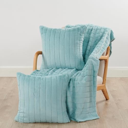 HESTIN Striped Faux Fur Throw Blanket Pillow Covers Set 50"x60" Aqua | Two 18"x18" Decorative Cushion Cases, Luxury Fluffy Plush Warm Cozy 3-Piece Set for Couch Bed Sofa, Living Room Bedroom Decor - color: Light Blue, size: 50" x 60"