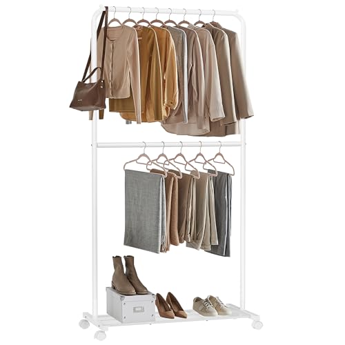 SONGMICS Clothes Rack with Wheels, Double-Rod Clothing Rack for Hanging Clothes, 25.4mm Metal Garment Rack with Dense Mesh Storage Shelf, 110 lb Load Capacity, 2 Brakes, White UHSR027W01 - color: White, style: Middle Rod