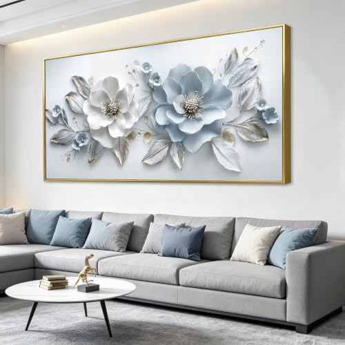 Soft Pastel Blue Flower Framed Wall Art with Hooks, Dreamy White Leaf Wall Decor 24"x48" - color: Light Blue Flower, size: 120L x 60W cm