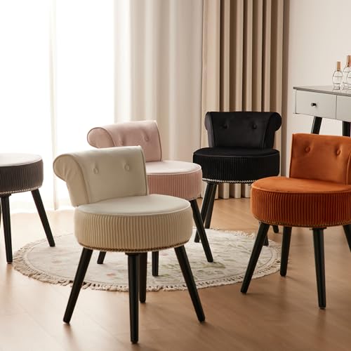 Small Black Vanity Chair with Back, Velvet Vanity Chair | Low Backrest Silvery Nailhead Trim, Round Vanity Seat for Bedroom and Bathroom Makeup, Support 220lbs, Easy Assembly (Black) - color: Black