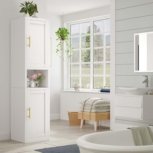 pozdeg 67" White Metal Tall Narrow Bathroom Storage Cabinet | 2 Doors, 4 Adjustable Shelves, Freestanding Slim Pantry Organizer for Bathroom Kitchen Living Room - color: White, size: 11.81"D x 15.75"W x 67"H