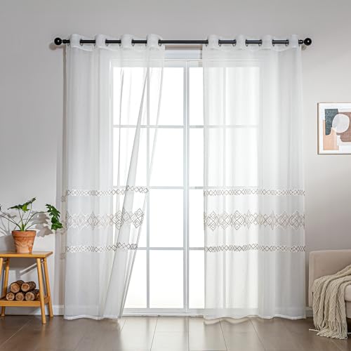SLEEP ZONE Sheer Curtains for Living Room and Bedroom, Embroidered Sheer Curtains White Sheer Curtain 42 × 72 inches Long of 2 Panels, Off-White Lattice - color: White Lattice, size: 42"W×72"L