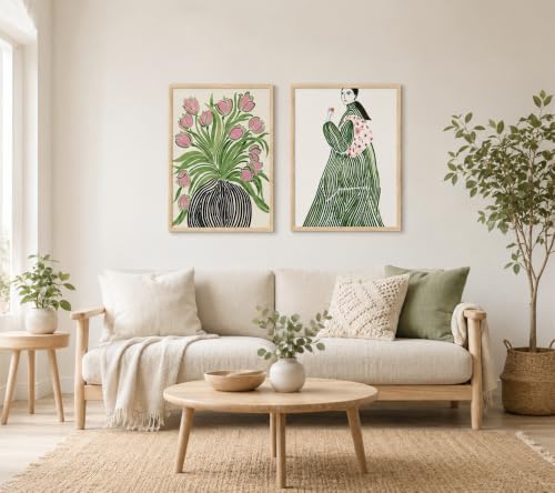 2pcs Framed Canvas Wall Art Tulips Vase Woman Coat Flowers Light Green Abstract Poster Modern Botanical And Portrait Prints For Living Room Or Bedroom Gallery Style Decor Artwork 16x24 Inch - color: Green woman vase, size: 16x24 Inch