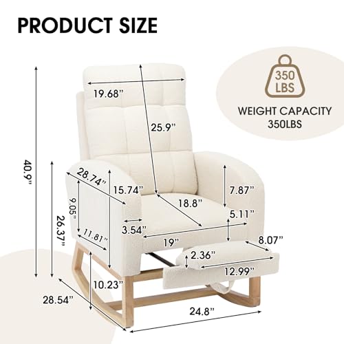 NIOIIKIT Modern Nursery Rocking Chair, Teddy Upholstered Rocking Chair with Footrest, Comfortable Rocker Chair with Side Pocket, Rocker Chair for Living Room, Bedroom, Nursing Room (White) - color: White