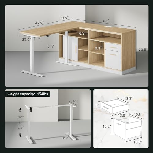 114" Two Person Electric Height Adjustable Standing Desk | Office Furniture Set with Storage, Extra Long Executive Desk Workstation with File Cabinets for Home Office, Light Walnut - color: Light Walnut