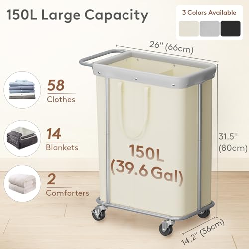 Lifewit 150L Rolling Laundry Basket with Steel Frame, Removable Bag, White | 2 Section Laundry Hamper with Rubber Wheels, Waterproof Large Laundry Cart, Sturdy Steel Base for Luandry Room, Bedroom - color: White, size: 150L