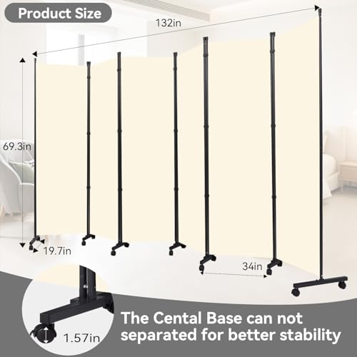 Folding Room Divider W/Wheels,Heavy Duty Base Privacy Screen Separator | 360° Smooth Lockable Rolling Wheels,Foldable Freestanding Wall Divider,Easy Movable Partition for Room Separation - color: Beige, size: B-132''W-6 Panel