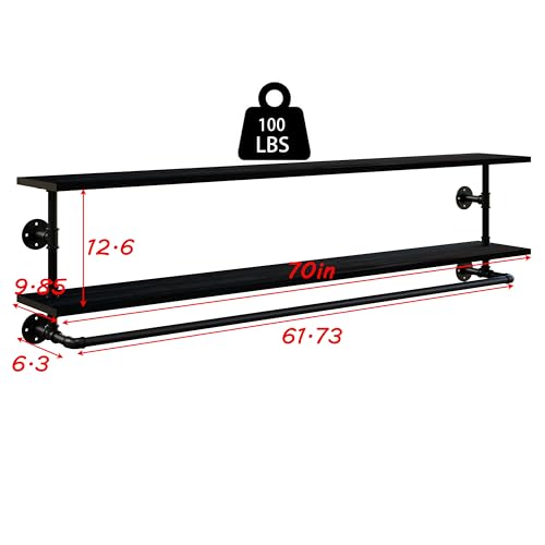 Black Clothes Rack 70in, 2-Tier Wall Mounted Garment Rack with Real Wood Shelf, Heavy Duty Hanging Clothes Rack, Multi-Purpose Hanging Rod, Space-Saving Closet Storage - color: Black, size: 2T70IN