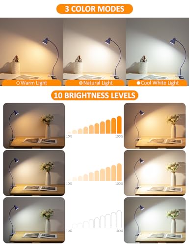 LiFMIRA Desk Lamp Clip on Lamp for Bed, LED Reading Light for Bed Purple | 3 Colors 10 Dimmable Brightness, LED Book Light for Reading in Bed Flexible Clip on Light Clamp Lamp for Bed Headboard Desk - color: Lilac Purple
