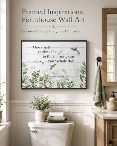 Framed Inspirational Farmhouse Wall Art Sage Green Eucalyptus Leaf Wall Decor Botanical Inspirational Canvas Prints One Small Positive Thought In The Morning Can Change Your Whole Day 24x16inch - color: Botanical, size: 16"L x 24"W