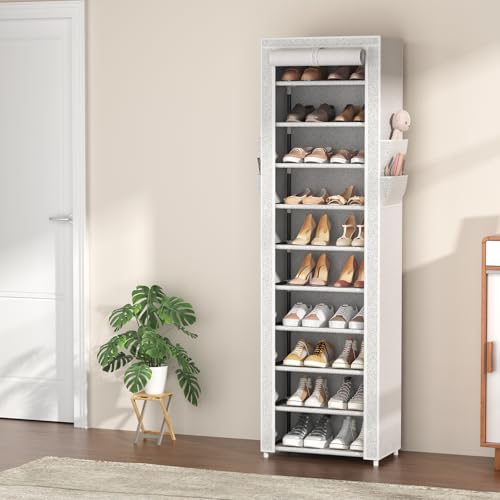VTRIN Vertical Narrow Shoe Rack Organizer Tall Shoe Rack for Closet Entryway 10 Tier Non-Woven Cover Shoe Shelf Holds 20-22 Pairs Free Standing Shoe Storage Cabinet with Dustproof Cover, Multi Color - color: Light Grey, size: 17.7"W x11.8"D x 68.9"H