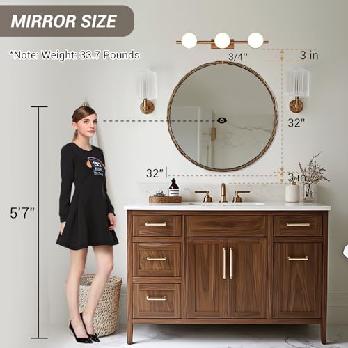 Hand-Forged Bronze Round Bathroom Mirror, 32 Inch Antique Oil Rubbed Bronze Circular Mirror, Solid Steel Hammered Frame, for Wall Decor, Vanity, Entry, Fireplace, Mantle - color: Bronze, size: 32"L x 32"W