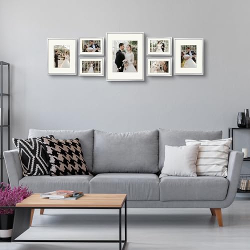Golden State Art 7 Pack Aluminum Frames, Includes 5x7 8x10 11x13, Silver | Shatter-resistant Glass, Assorted Sizes: One 11x14, Two 8x10, Four 5x7, Horizontal/Vertical Wall Mount & Tabletop Display - color: Silver, size: Style 1
