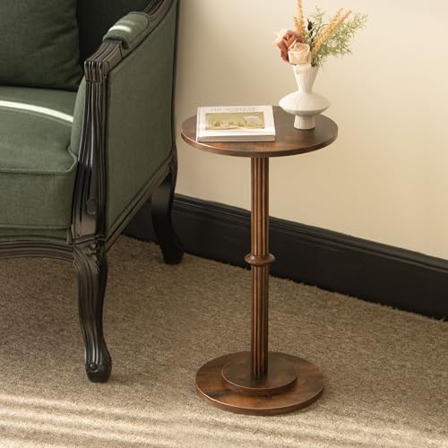 MaxSmeo Drink Table, Small Side Table for Small Spaces, Modern Round End Table with Fluted Wood Leg, Rustic Brown - color: Rustic