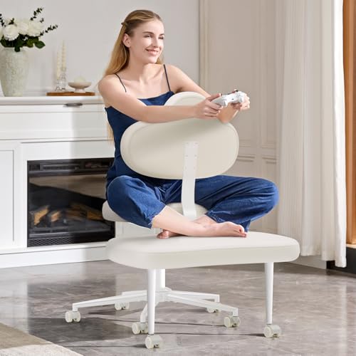 Cross Legged Office Chair with Wheels, Meditation Chair, ADHD Chair for Adults, Wider Height Adjustable Backrest and Seat, Yoga Office Chair, PU Leather, Beige - color: Pu Beige, size: Cloud Lounge