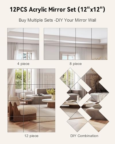 Home Gym Mirrors 12 Inch x 12Pcs Full Length Mirror Tiles Acrylic Unbreakable Wall Mounted Mirror Frameless Full Length for Home Gym, Bedroom, Door - size: 12x12Inchx12Pack