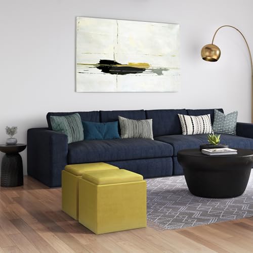 SIMPLIHOME Rockwood 17" Wide Linen Look Fabric Storage Ottoman in Grey | Contemporary ottoman with flip-over tray top and hidden storage; cube storage bench for living room or bedroom. - color: Dijon Yellow