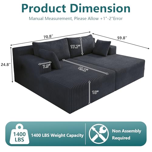 70.8" Oversized Double Chaise Lounge Indoor, Upholstered Deep Seat Cloud Couch Corduroy Lounge Chair, Modern Sofa Bed Loveseat Sleeper Chair for Living Room Bedroom Apartment,Dark Gray - color: Dark Gray, size: 70.8"
