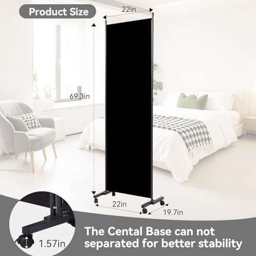 Folding Room Divider W/Wheels,Heavy Duty Base Privacy Screen Separator | 360° Smooth Lockable Rolling Wheels,Foldable Freestanding Wall Divider,Easy Movable Partition for Room Separation - color: Black, size: B-22''W-1 Panel