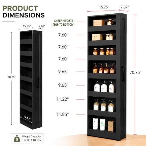 Tall Narrow Storage Cabinet, 71 Inch Tall, 8 Inch Wide, Black | 7-Shelf Slim Pull-Out Organizer with Wheels for Small Spaces, Kitchen, Bathroom, Laundry Room and Narrow Gaps - color: D-black