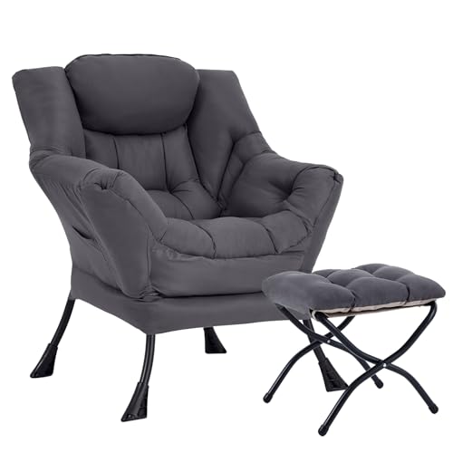 Lazy Chair with Ottoman, Soft Comfy Chair for Bedroom, Grey | Reading Accent Lounge Chair with folding Foot Stool for Living Room Dorm Apartment, sturdy metal frame - color: Dark Grey
